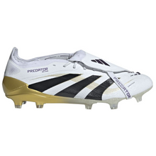 Load image into Gallery viewer, White, black, and gold soccer cleat with 'Predator' branding on a white background