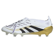 Load image into Gallery viewer, White soccer cleat with black and gold accents on a white background