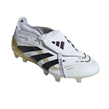 Load image into Gallery viewer, White soccer cleat with black and gold accents on a white background