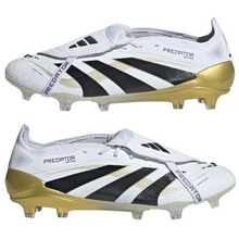 Load image into Gallery viewer, White, black, and gold soccer cleats with 'Predator' branding on a white background