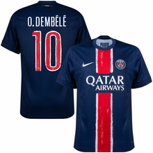 Load image into Gallery viewer, Navy blue sports jersey with red and white stripes, featuring 'Qatar Airways' and player name 'O. Dembélé'.