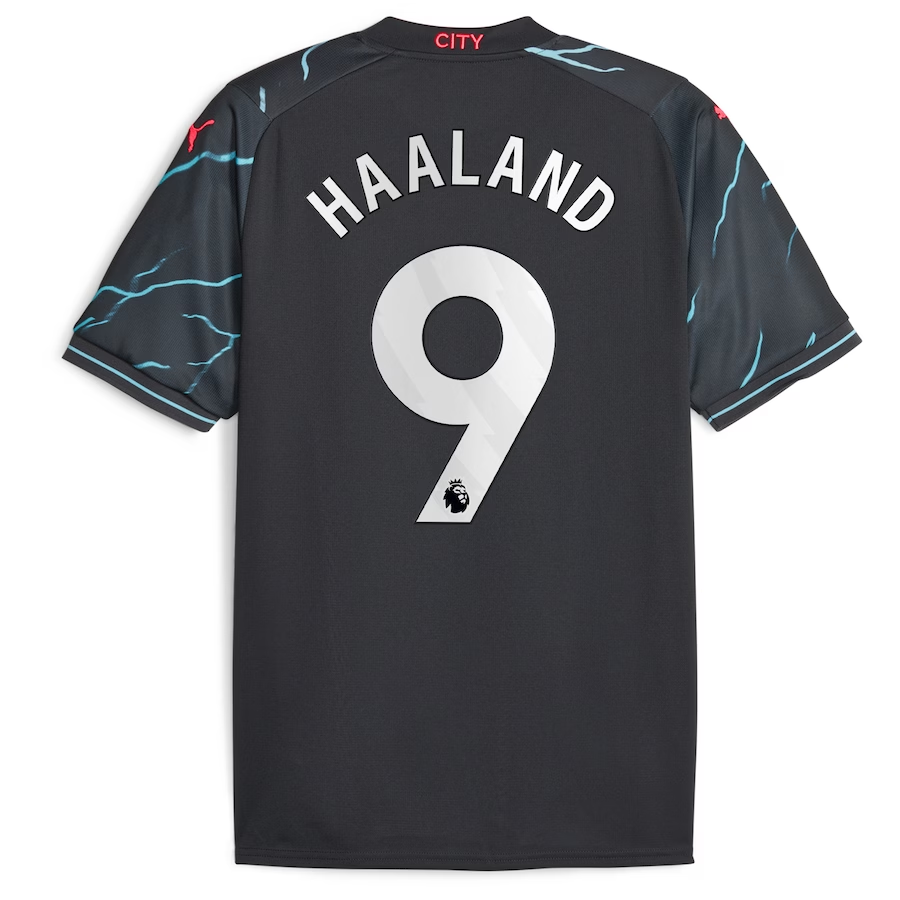 Maillot de football Manchester City 2023-24 signé Erling Haaland. Cadre Maillot de football Manchester City 2023-24 signé Erling Haaland. Cadre