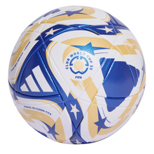Load image into Gallery viewer, FIFA Club World Cup soccer ball with blue, white, and gold design on a light gray background
