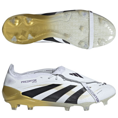 White soccer cleats with gold and black accents on a white background